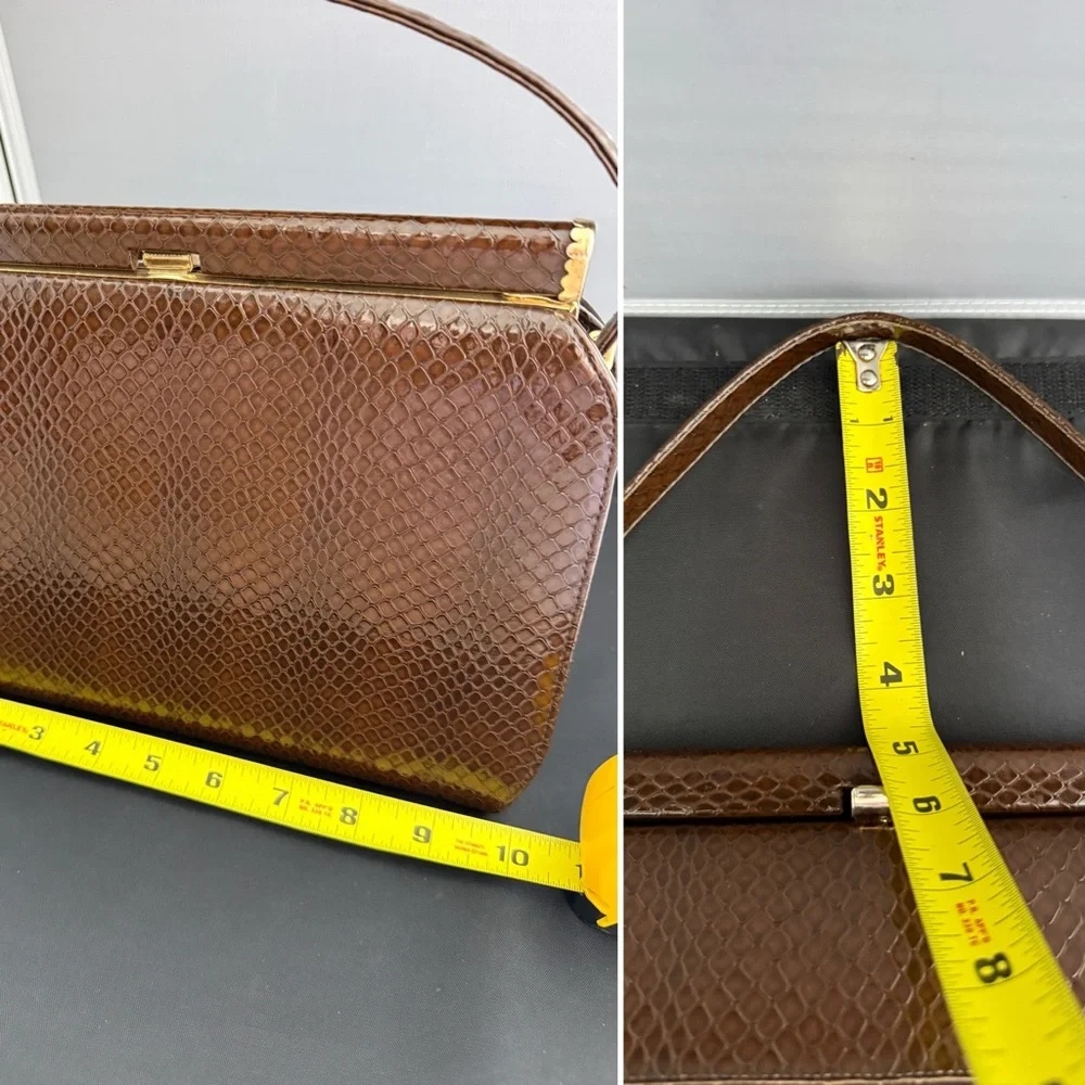 Vintage 1960s Life Stride Brown Snakeskin Embossed Top Handle Bag MCM Structured